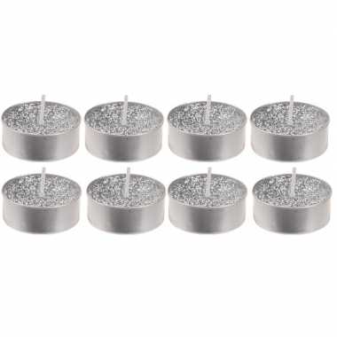 24x zilveren glitter theelichtjes/theelichtjes 3,7 cm