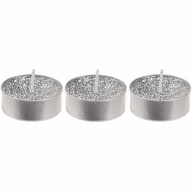 3x zilveren glitter theelichtjes/theelichtjes 6 cm