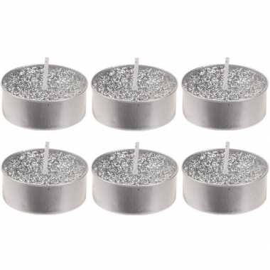 6x zilveren glitter theelichtjes/theelichtjes 6 cm