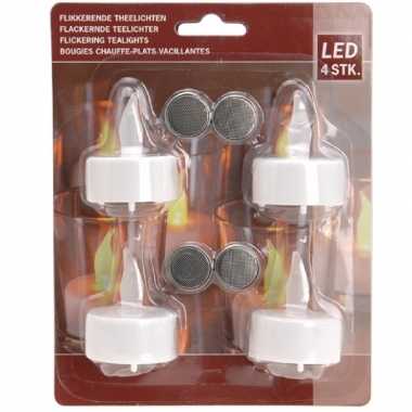 Led witte flakkerende theelichtjes setje van 4 stuks
